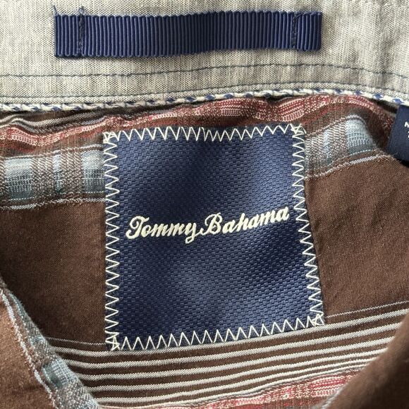 Tommy Bahama Shirt Mens Large Brown Blue Striped Silk Blend Casual Office Preppy - Picture 6 of 10